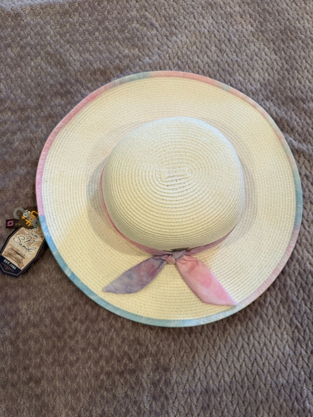 Girl's Sun n Sand Wide Brim Straw Sun Hat with Pastel Tie Tye Trim 👒💖